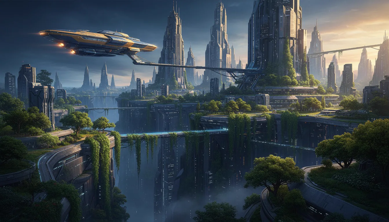 Un’astronave davanti a una città futuristica abitata da esseri umani, con tecnologie, edifici e dettagli quotidiani che suggeriscono un mondo narrativo complesso.