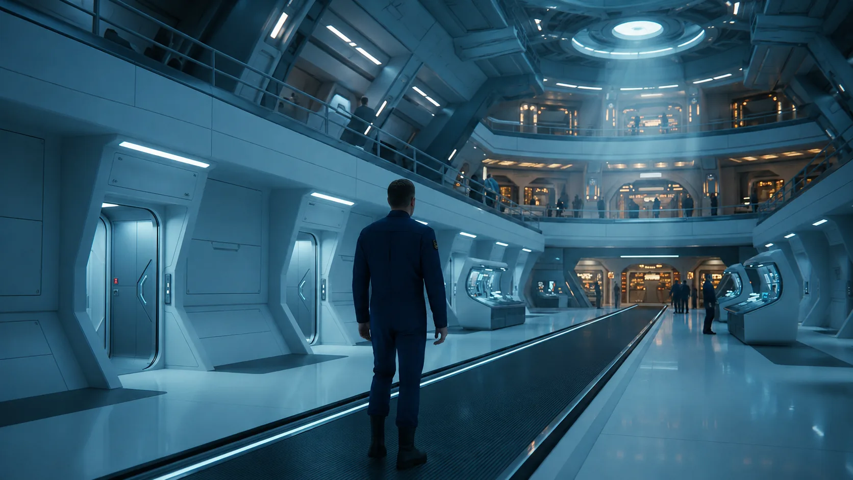 Un uomo percorre un marciapiede a levitazione nella base stellare Prixian, tra uffici futuristici e un vasto atrio commerciale.