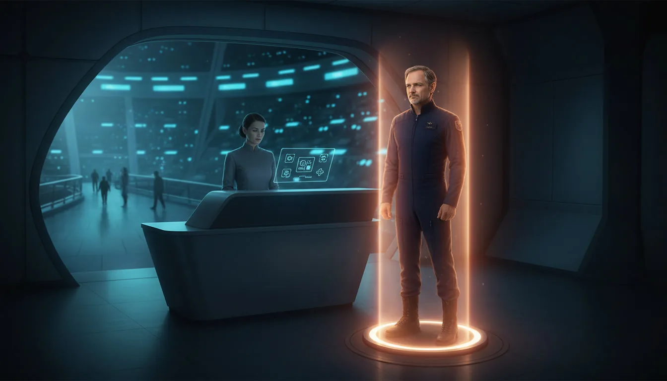 Un comandante viene sottoposto a una scansione biometrica in un ufficio futuristico della base stellare Prixian.