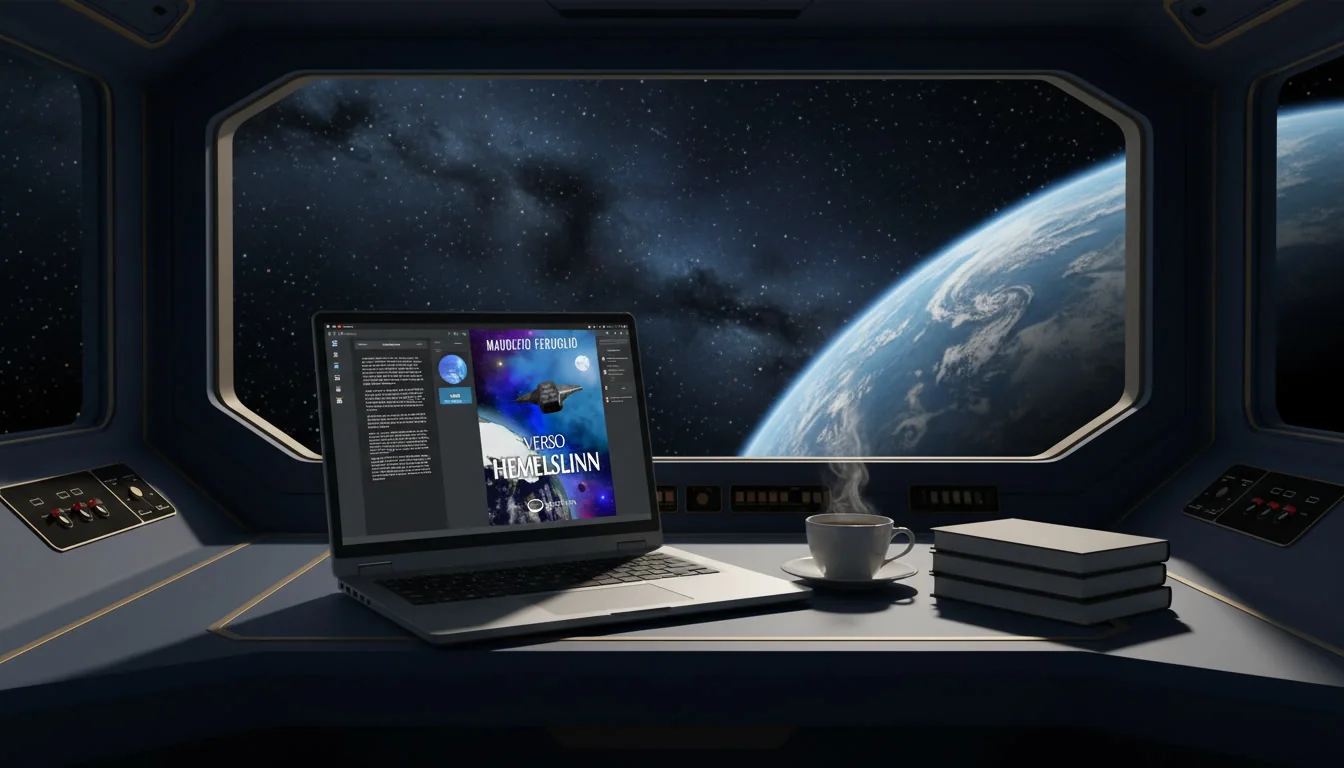 Un ebook aperto sullo schermo di un computer portatile accanto a una tazza e ad alcuni libri cartacei.