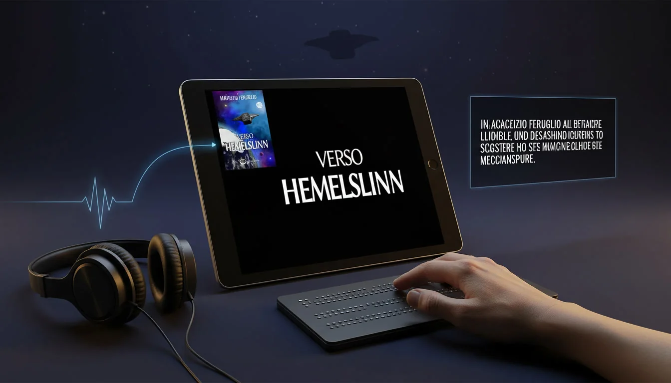 Una lettrice usa il braille accanto al romanzo Verso Hemelslinn in formato ebook accessibile